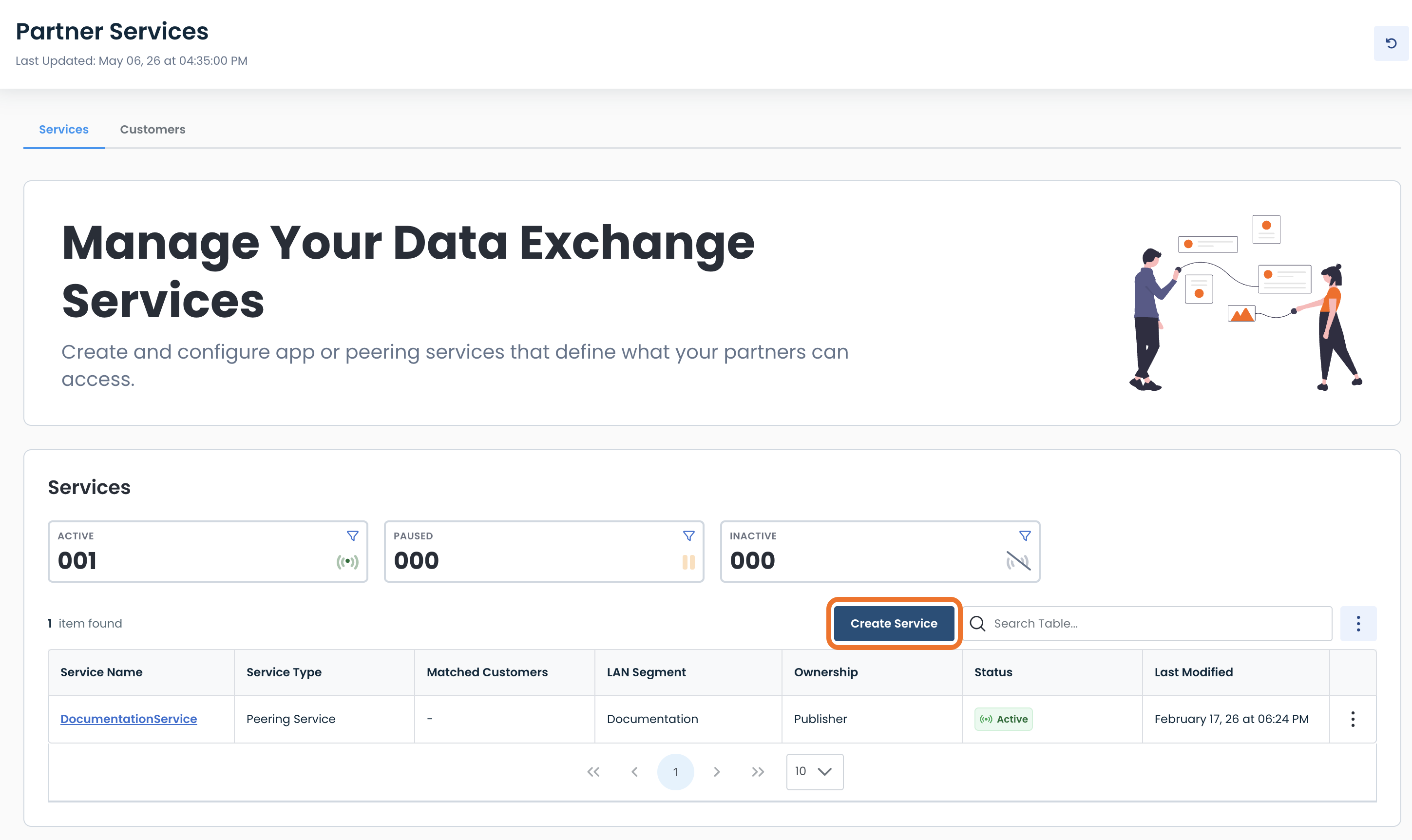 Manage data exchange services with options to create, view, and modify service details.